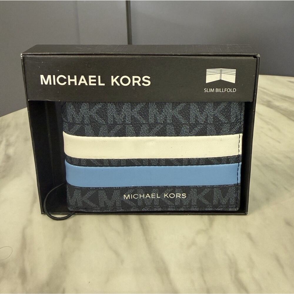 Michael Kors Men's Slim Bifold Wallet Blue/White/Black Logo Stripe